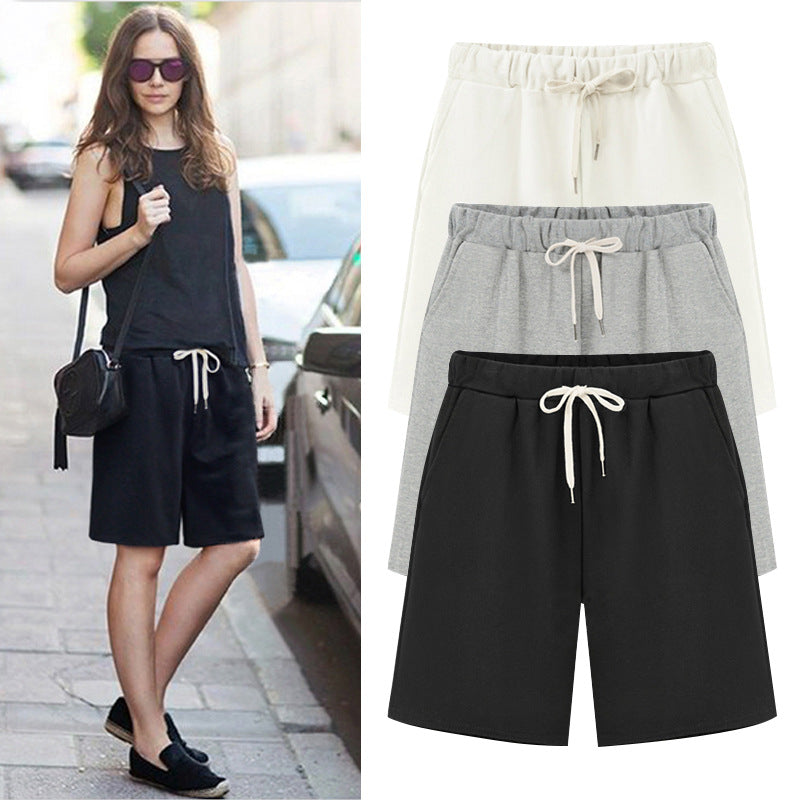 Solid Color Women's Summer High Waist 150kg Five-Point Pants Large Size Drawstring Sports Casual Pants Plus Size Slim Straight-Leg Pants Weizhong