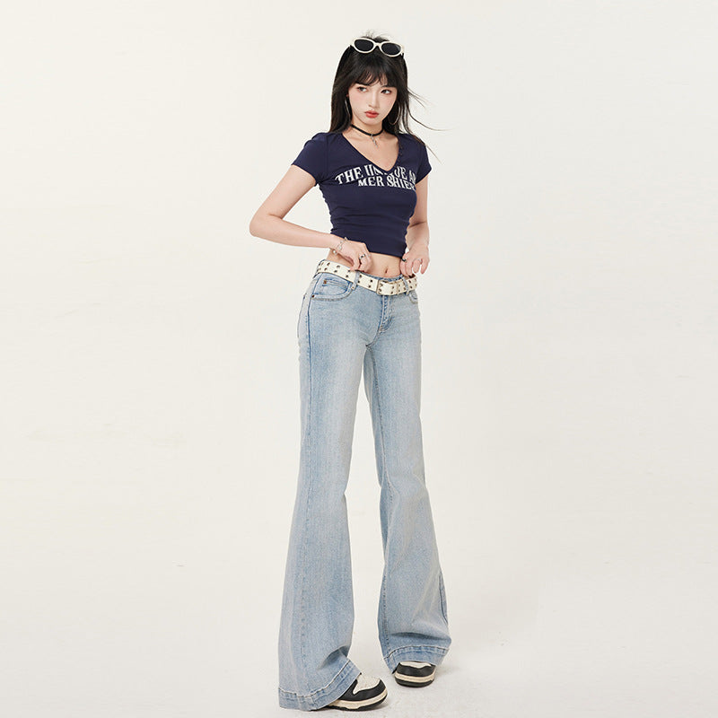 Women's Black and Gray Flared Jeans  Slimming Retro Low Waist  Pants