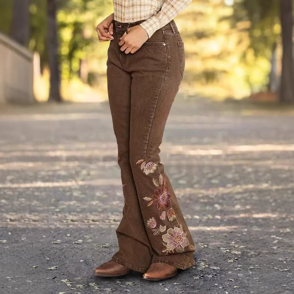 Women's Jeans Casual Slim Fit Vintage Embroidered Flared Long Pants