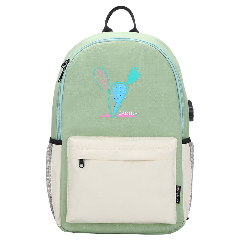 Cute Bear & Cactus Print Girls Backpack — Oxford Cloth Medium School Bag