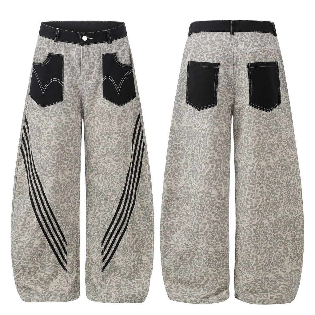 Leopard Print Patchwork Casual Pants Men Women Loose Wide Leg Knife Cut Jeans
