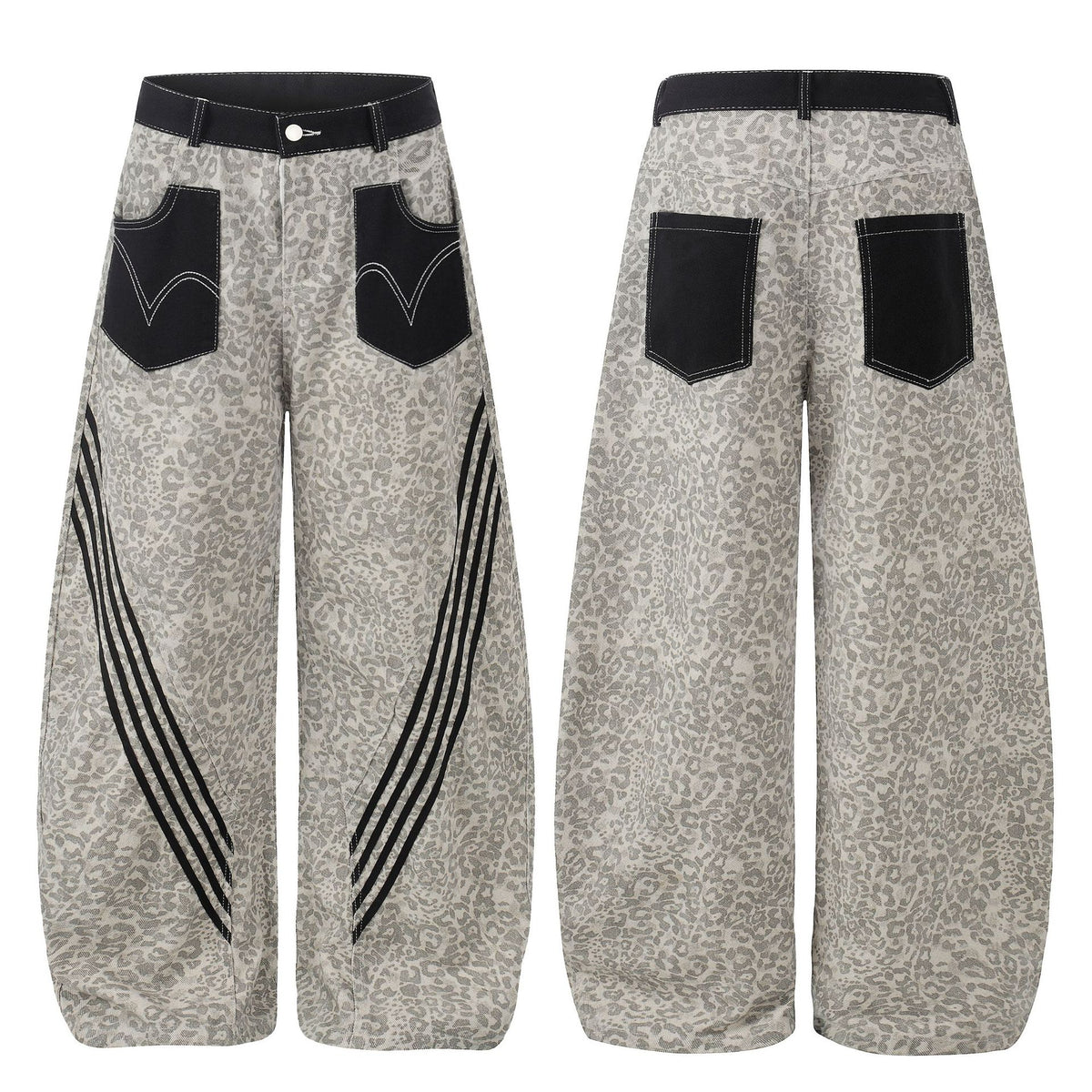 Leopard Print Patchwork Casual Pants Men Women Loose Wide Leg Knife Cut Jeans