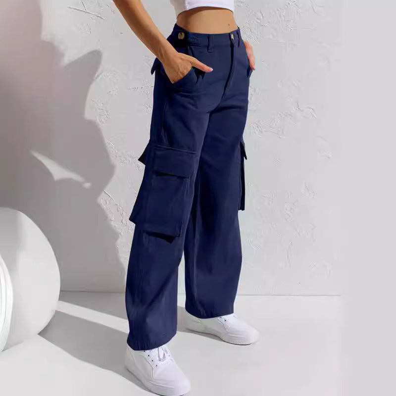 Loose wide leg straight leg multi pocket work pants jeans
