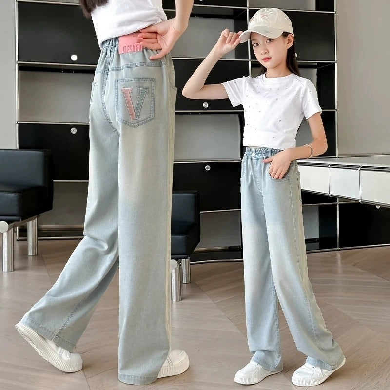 Girls' Tencel Jeans Pants, Lightweight Straight Leg Long Pants for Kids and Teens