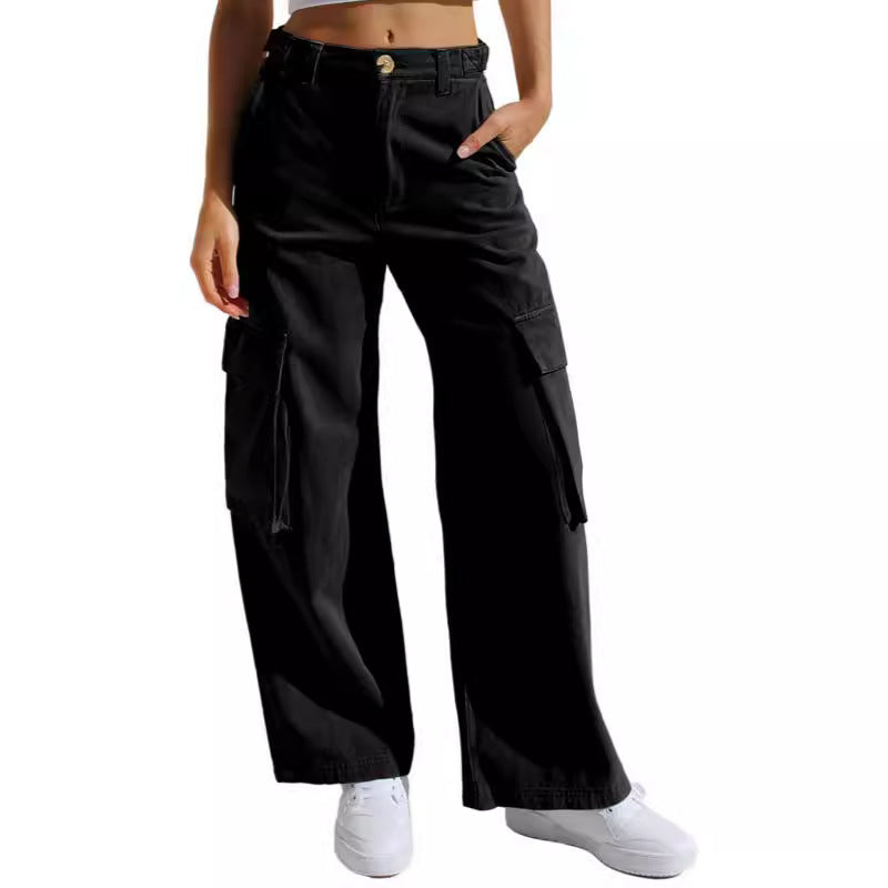 Loose wide leg straight leg multi pocket work pants jeans
