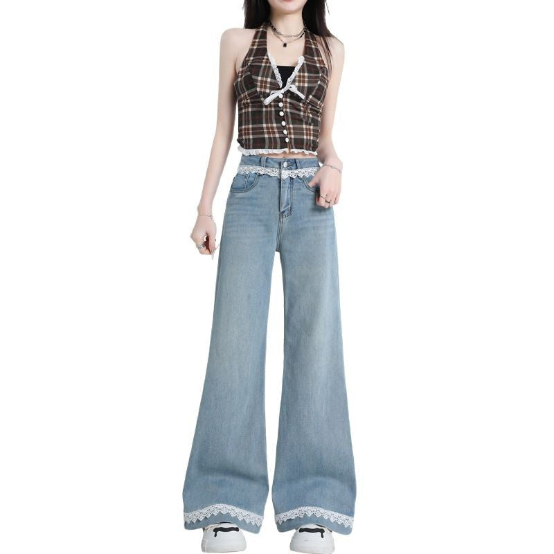 Lace Trim Wide Leg Jeans Women Slimming Flared Pants