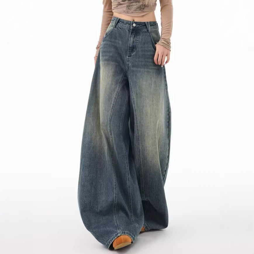 Blue Knife-Edge Jeans Women Pants Wide Leg Floor-Length Trousers