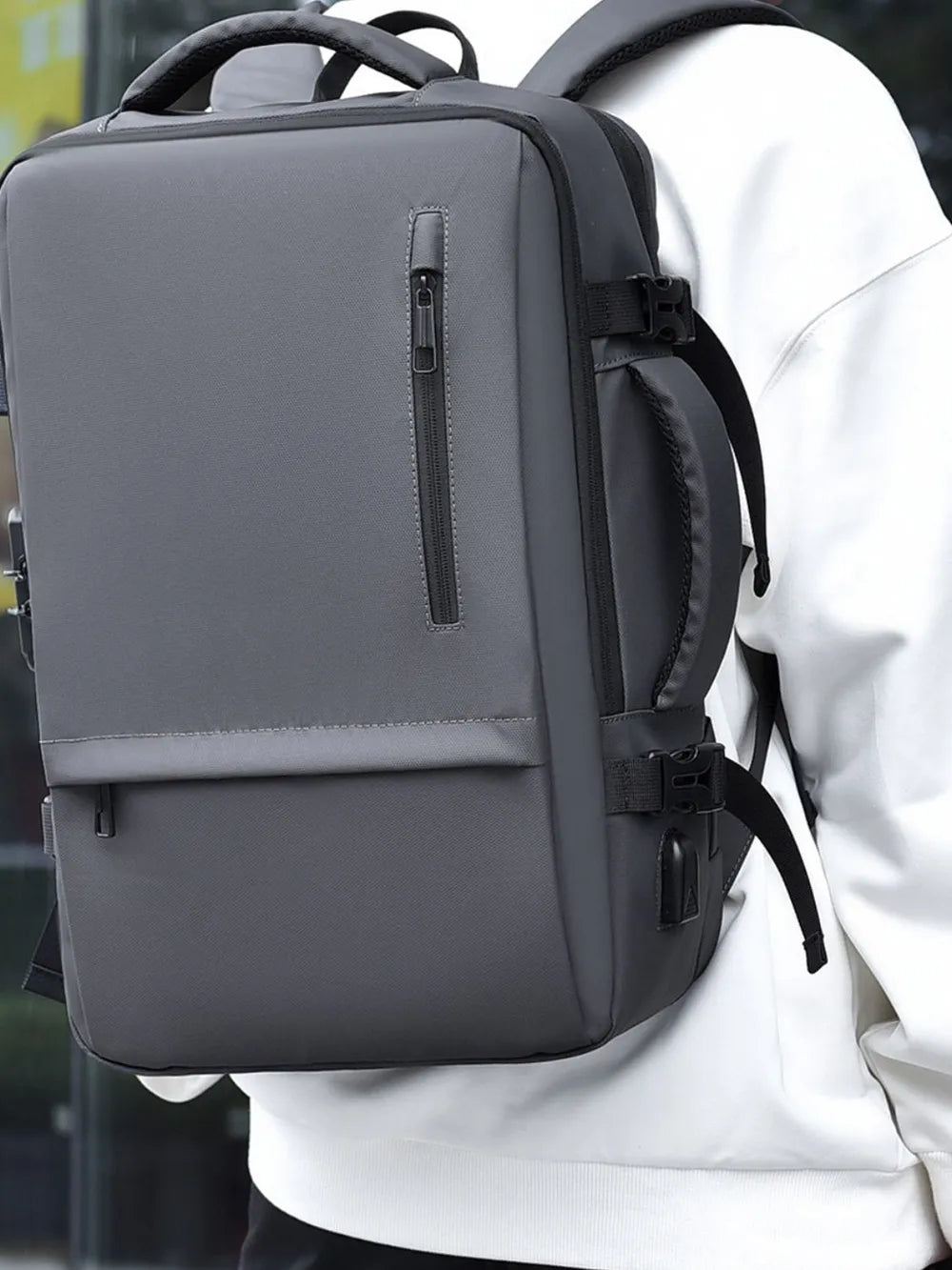Multi-Pocket Leather Backpack — Adjustable Straps Business Casual Bag in Black & Dark Gray