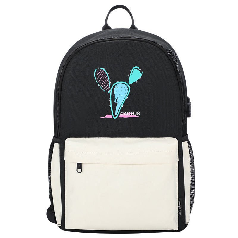 Cute Bear & Cactus Print Girls Backpack — Oxford Cloth Medium School Bag