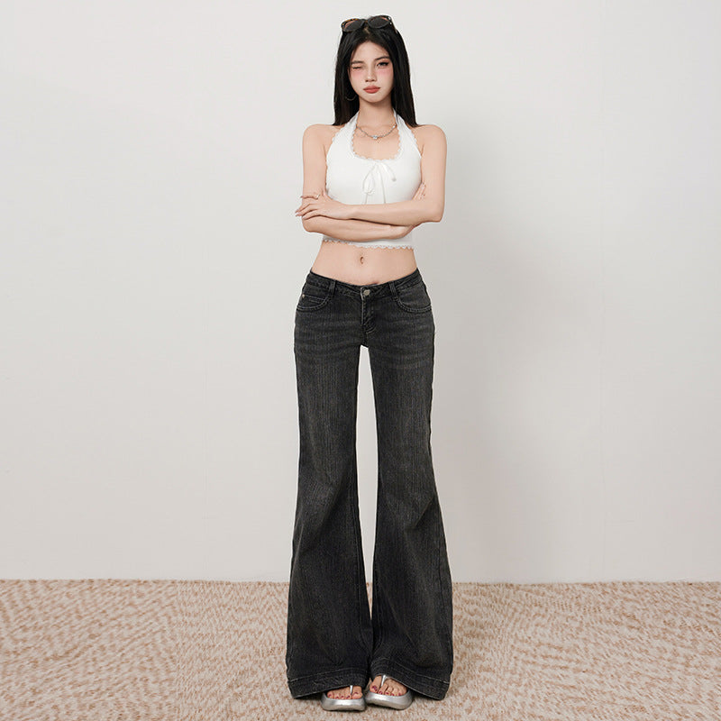Women's Black and Gray Flared Jeans  Slimming Retro Low Waist  Pants