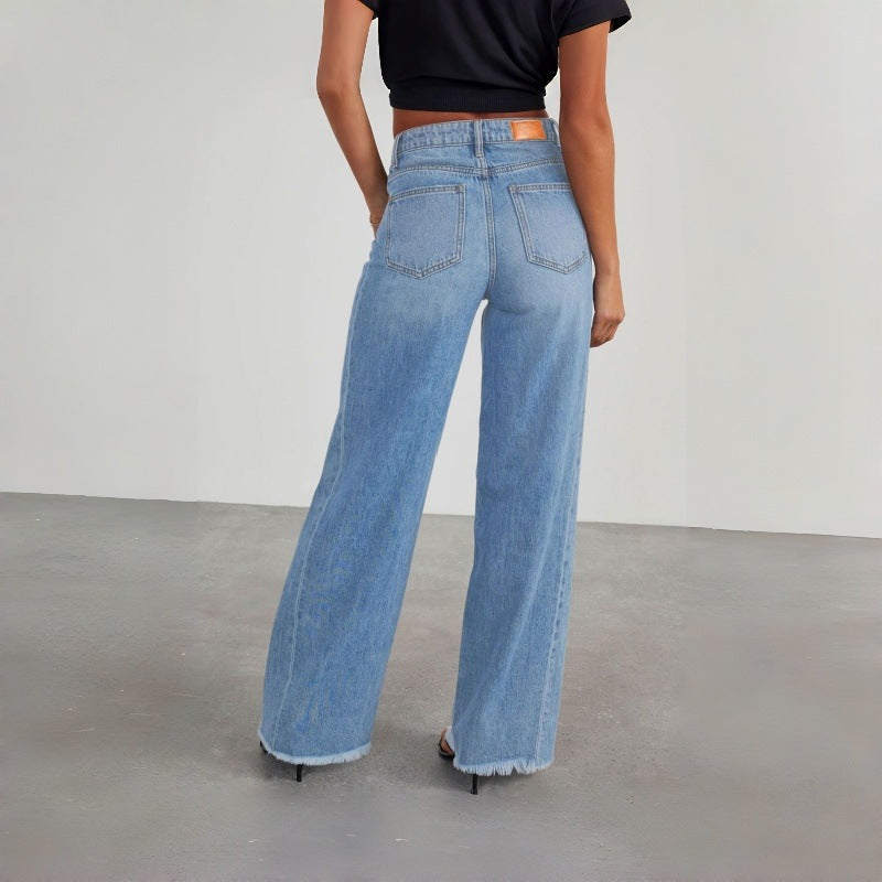 Women's jeans mid waist blue curved knife pants with fringed denim pants