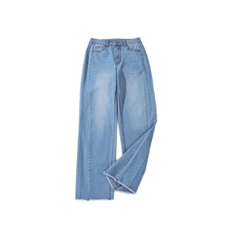 Women's jeans mid waist blue curved knife pants with fringed denim pants