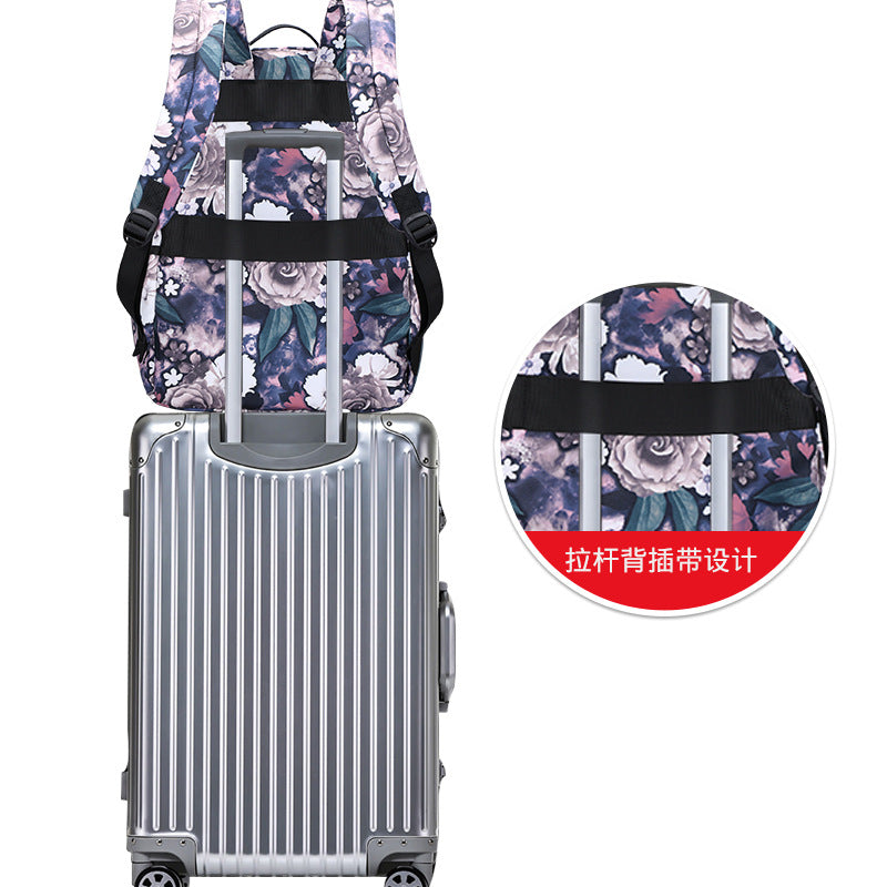 Peony Print 2-Piece Backpack Set — Large Capacity Oxford Cloth School Bag with USB Port in Purple