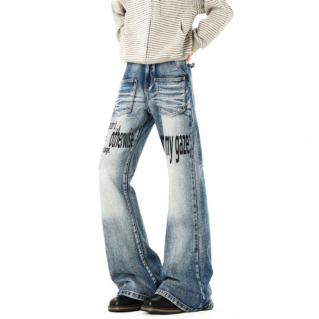 Stylish Washed Distressed Flared Denim Pants for Men with Cat Eye and Rivet Details, Slim Fit Straight Leg Jeans