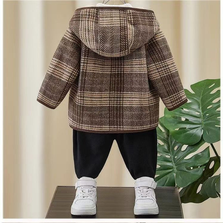 Fashionable Winter Woolen Coat for Boys, Thick Fleece-Lined Mid-Length Kids Jacket