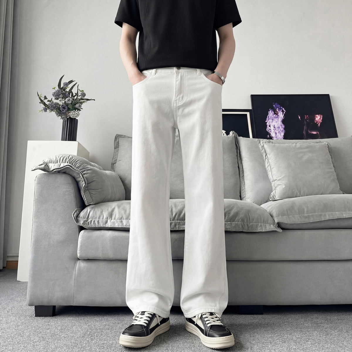 Slant Cut Flared Jeans Men Street Style Clean Fit Straight Leg Slim Flared Pants Vibe Trendy