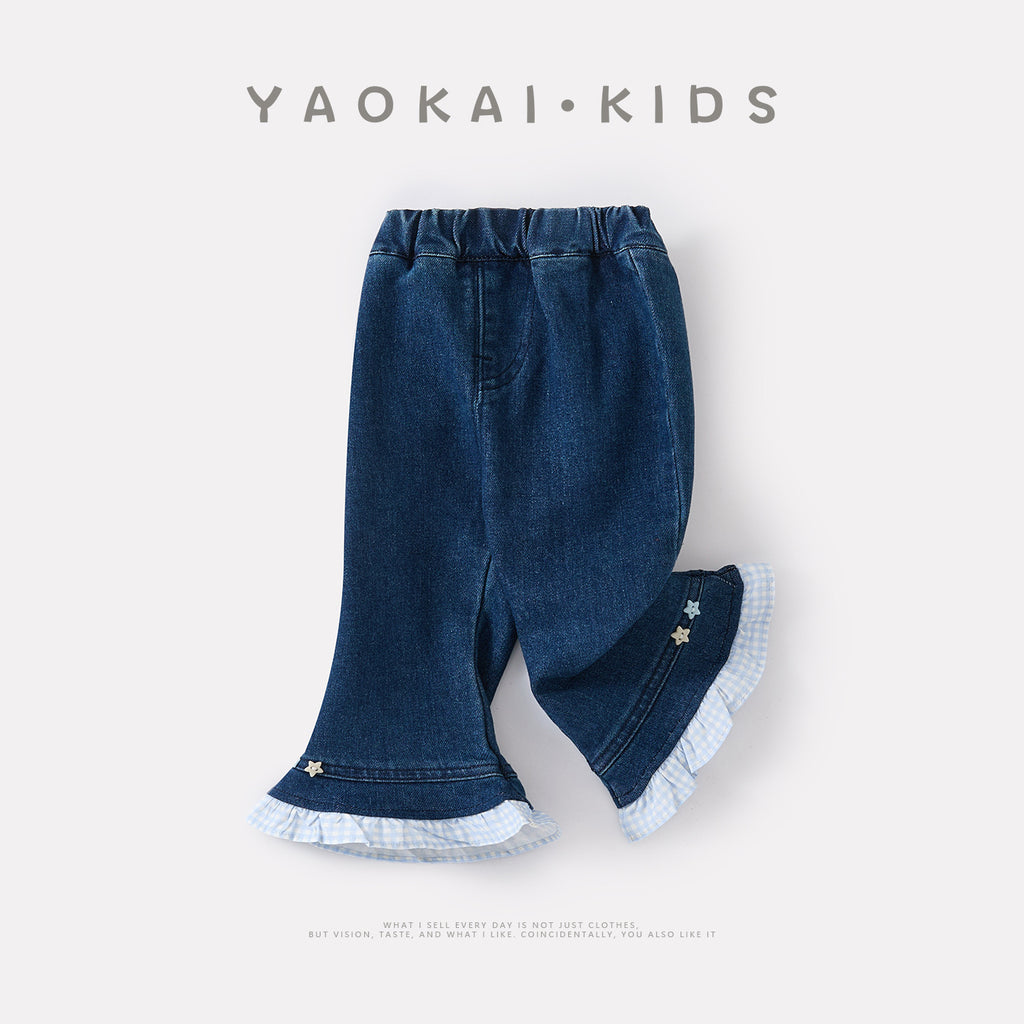 Cuffed Checkered Patchwork Flared Pants for Toddlers Jeans for Baby Girls, Spring Outfit