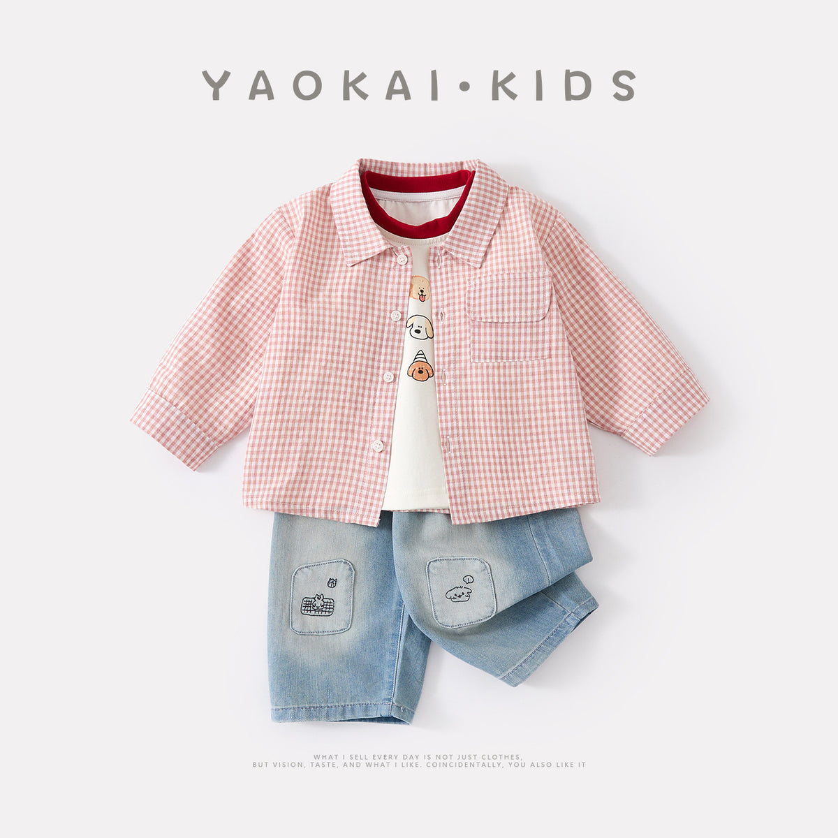 Boy Plaid Shirt Set Button-Down Shirt Jeans Pants 3-Piece Set
