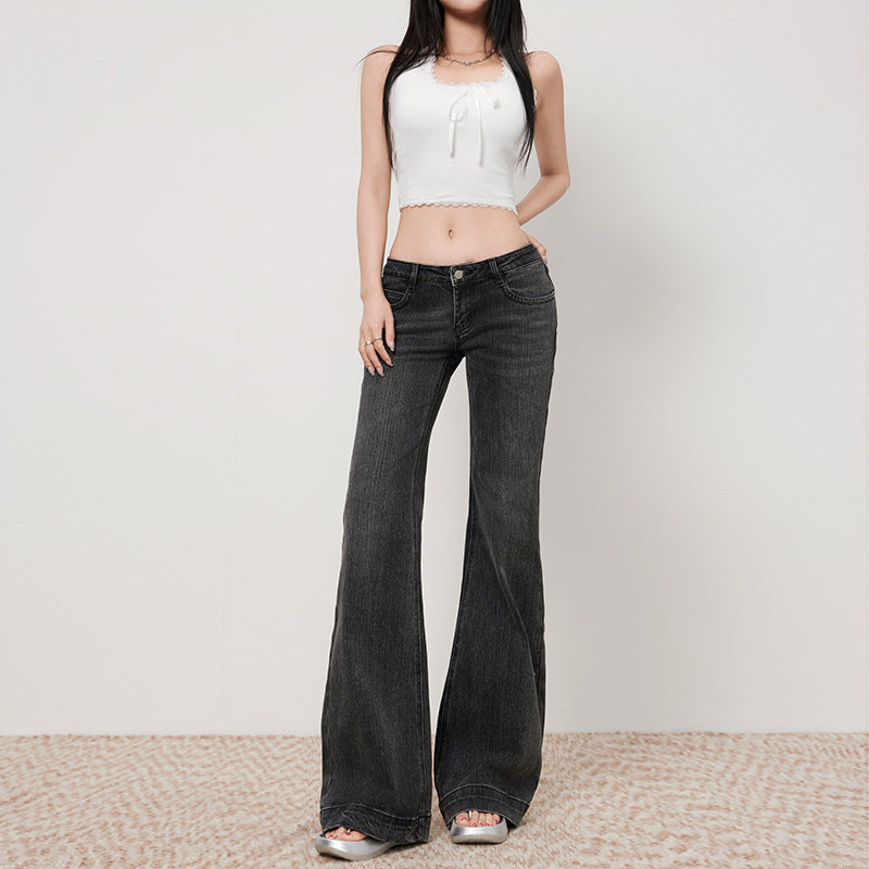 Women's Black and Gray Flared Jeans  Slimming Retro Low Waist  Pants
