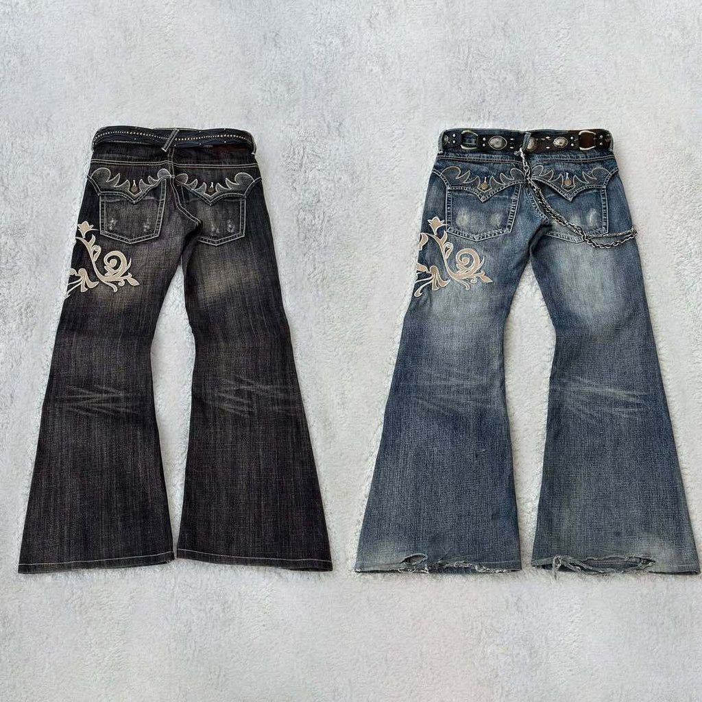 Embroidered Punk Flared Jeans - Dark Gothic Slim Fit Long Pants for Women