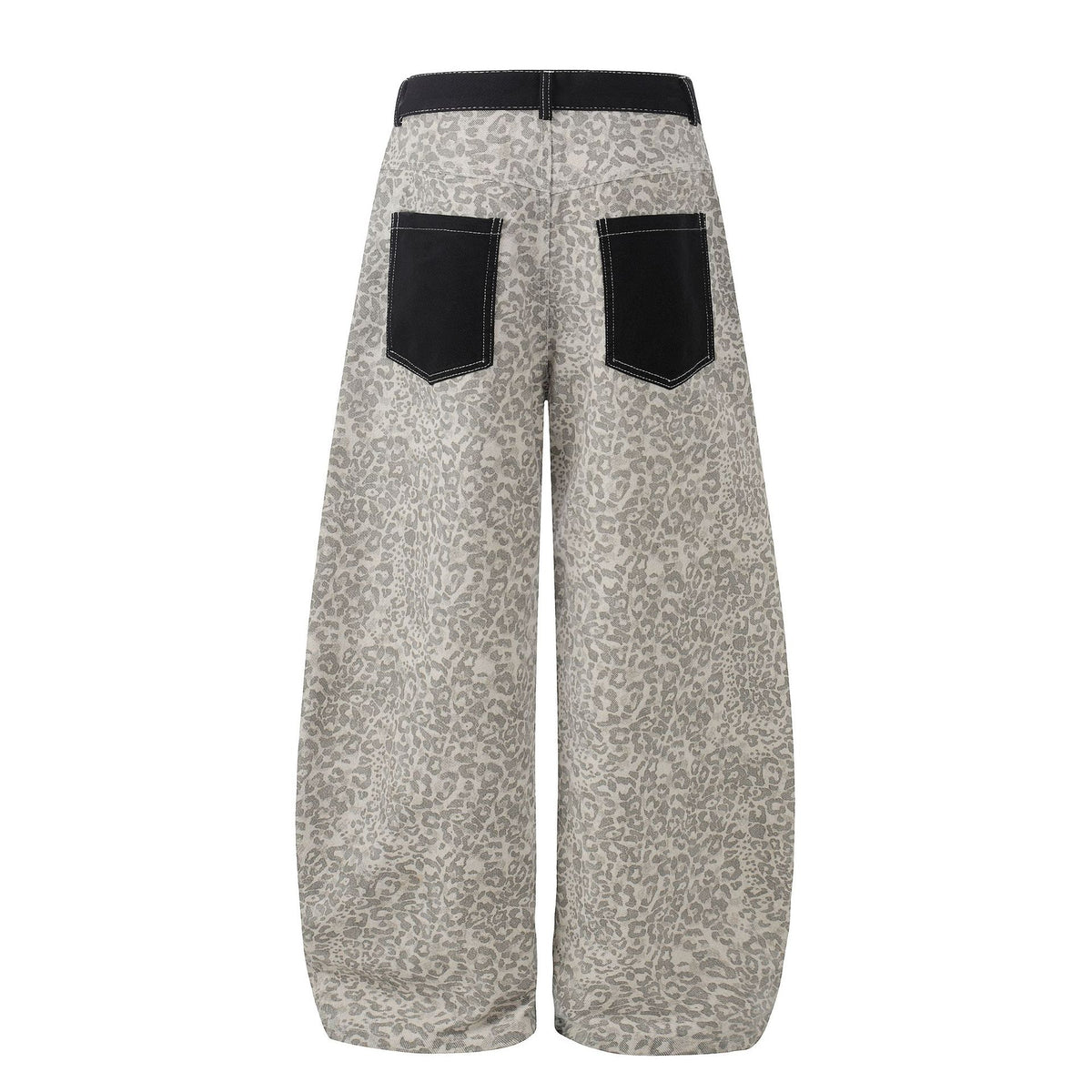 Leopard Print Patchwork Casual Pants Men Women Loose Wide Leg Knife Cut Jeans
