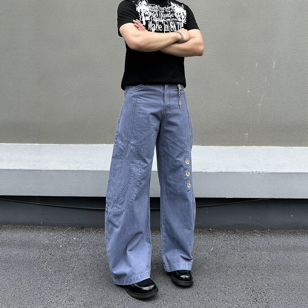 High Waist Men's Arc Fashion Patchwork Star Design Jeans Summer Loose Drape Versatile Wide Leg Pants