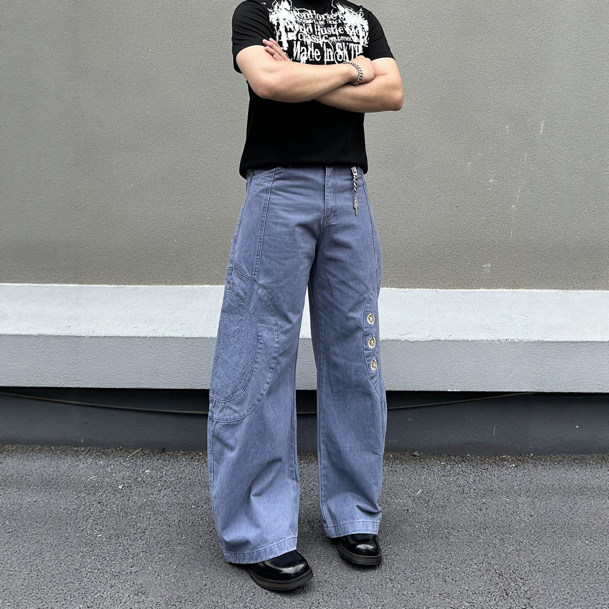 High Waist Men's Arc Fashion Patchwork Star Design Jeans Summer Loose Drape Versatile Wide Leg Pants