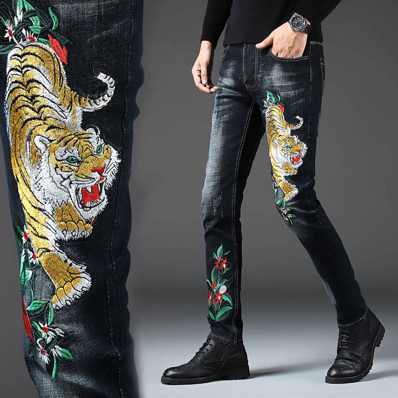 Jeans men's stretch slim feet pants hole embroidery net red the same men's pants animal tiger snake pattern embroidered jeans