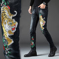 Jeans men's stretch slim feet pants hole embroidery net red the same men's pants animal tiger snake pattern embroidered jeans