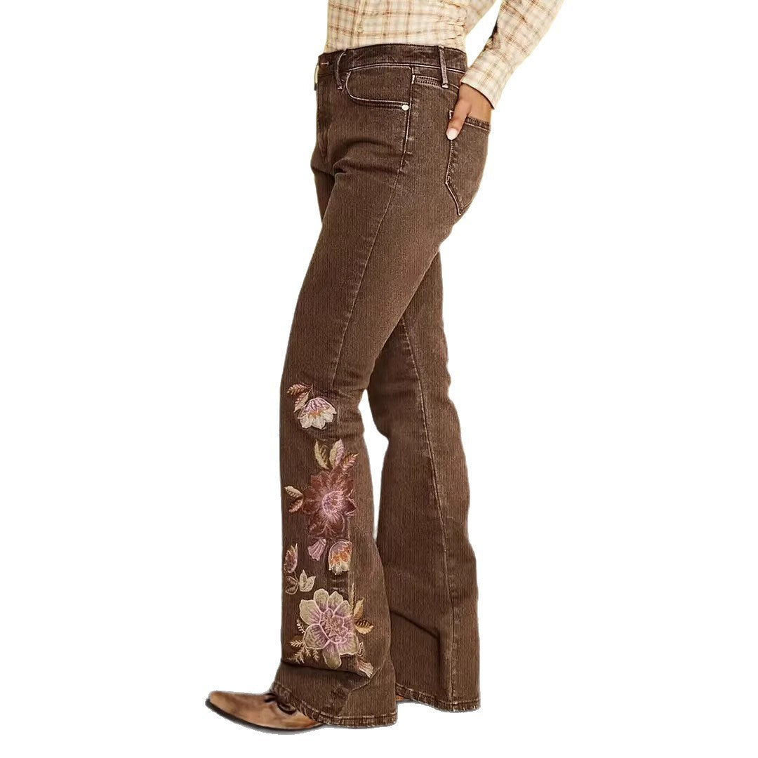 Women's Jeans Casual Slim Fit Vintage Embroidered Flared Long Pants