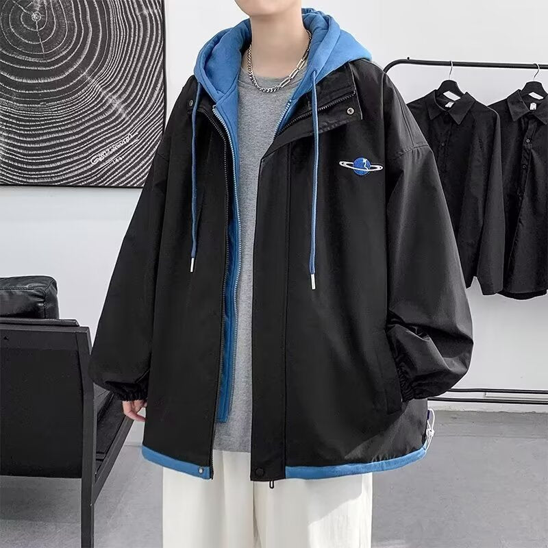 Men's Techwear Windbreaker Jacket – Two-Piece Look, Hooded, Water-Resistant