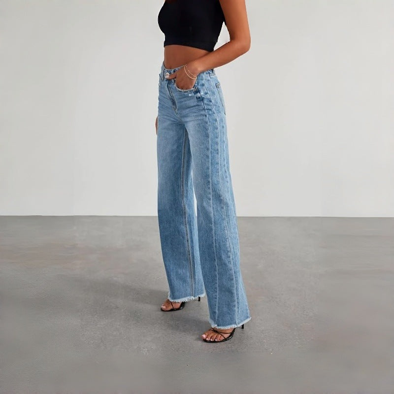 Women's jeans mid waist blue curved knife pants with fringed denim pants