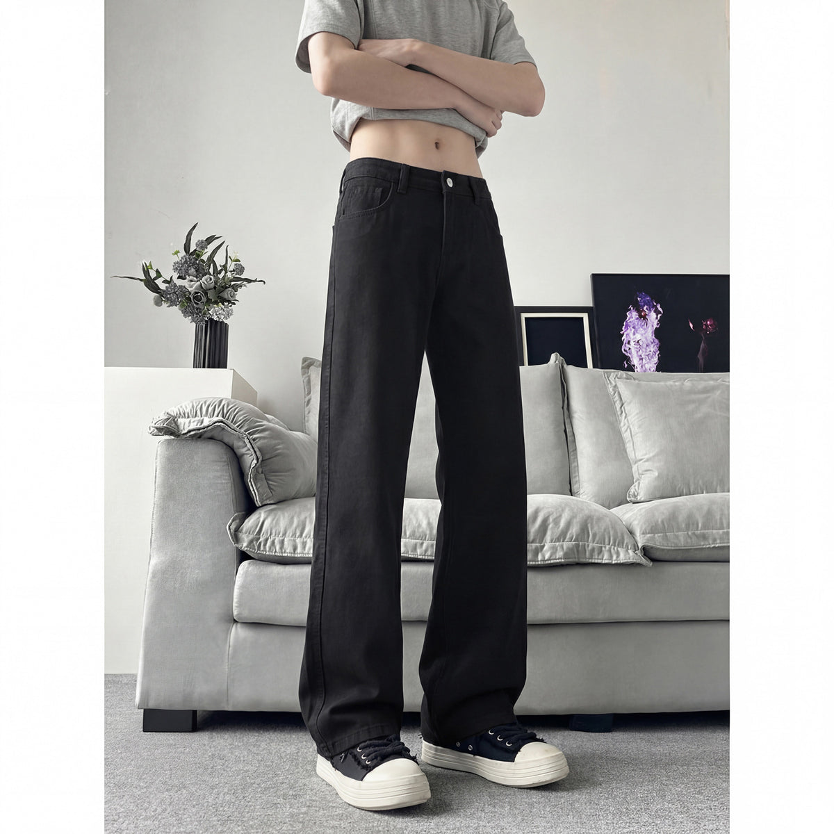 Slant Cut Flared Jeans Men Street Style Clean Fit Straight Leg Slim Flared Pants Vibe Trendy