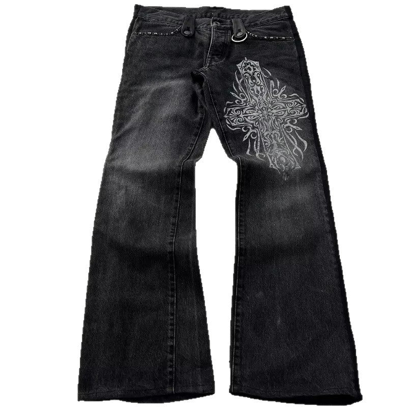Y2K Dark Style Cross Print Washed Flared Jeans Retro Punk Streetwear Long Pants Ins