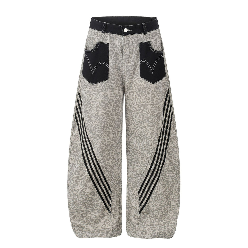 Leopard Print Patchwork Casual Pants Men Women Loose Wide Leg Knife Cut Jeans