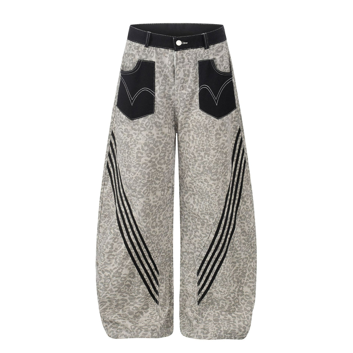 Leopard Print Patchwork Casual Pants Men Women Loose Wide Leg Knife Cut Jeans