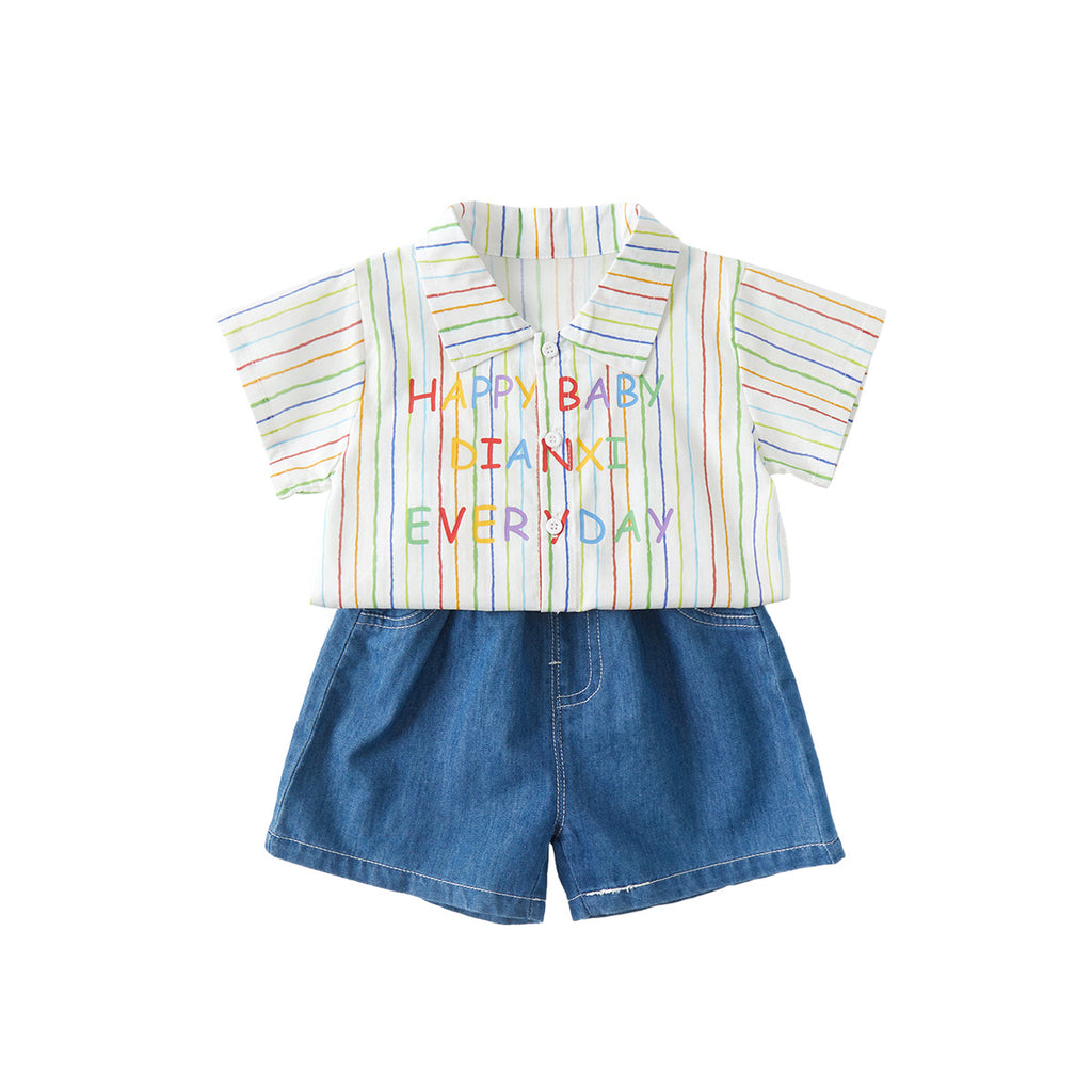 Jeans Set for Boys, Two-Piece Outfit, Letter Print Shirt with Denim Pants
