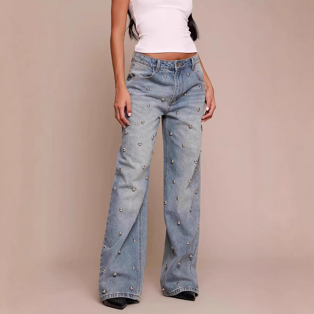 Women's nail bead washed jeans, women's high waisted straight leg pants, spicy girl pants
