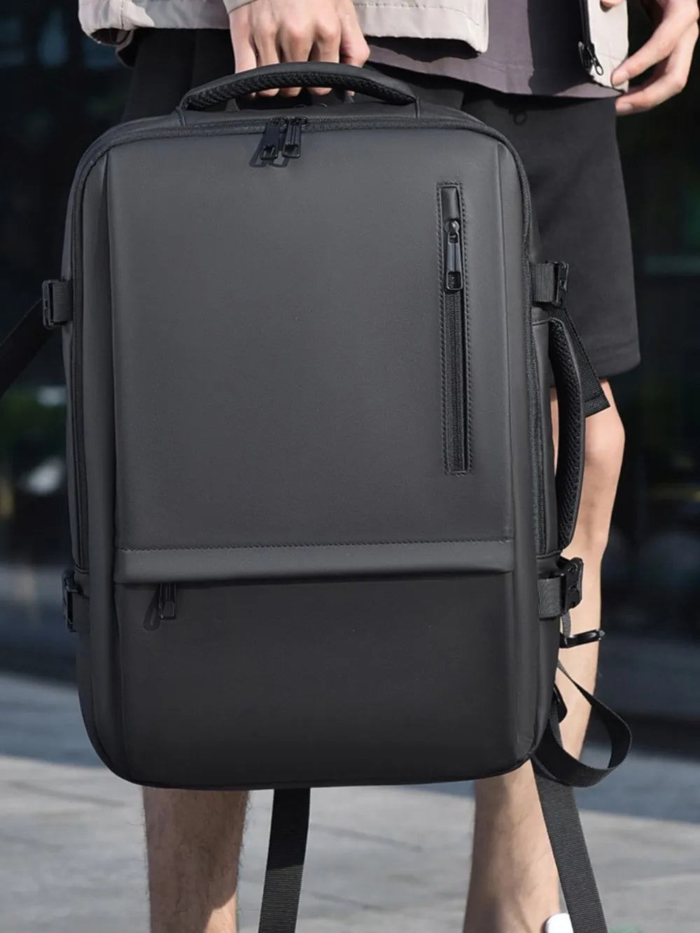 Multi-Pocket Leather Backpack — Adjustable Straps Business Casual Bag in Black & Dark Gray