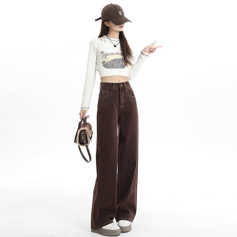 Women's Wide-Leg Jeans Dark Brown Loose Casual Pants
