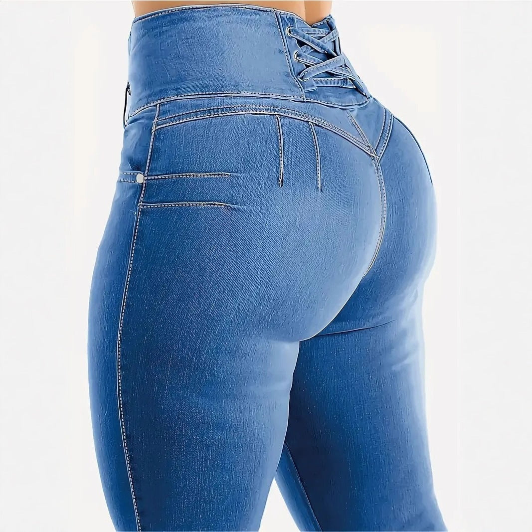 Solid Color Slim Fit High-Waisted Stretch Washed Denim Mom Jeans Women's Casual Pants Long Pants