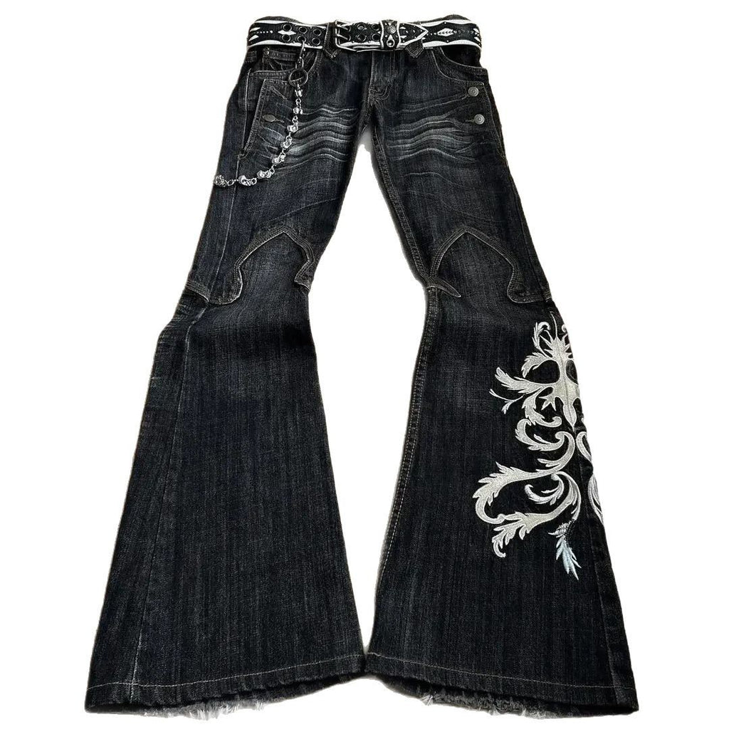 Embroidered Punk Flared Jeans - Dark Gothic Slim Fit Long Pants for Women