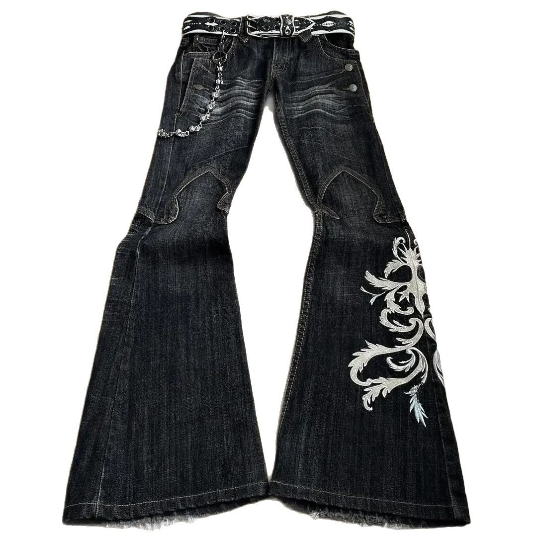 Embroidered Punk Flared Jeans - Dark Gothic Slim Fit Long Pants for Women
