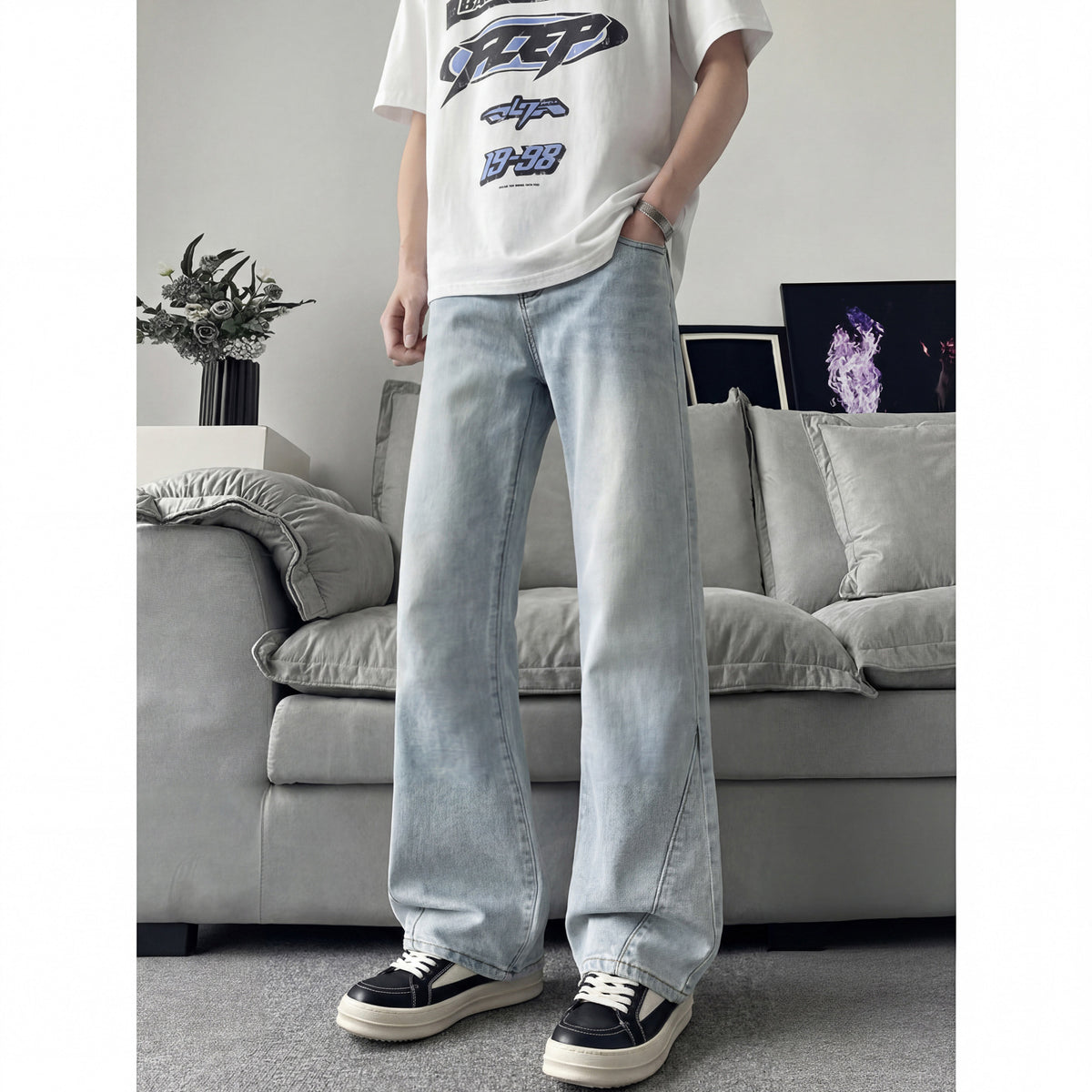 Slant Cut Flared Jeans Men Street Style Clean Fit Straight Leg Slim Flared Pants Vibe Trendy