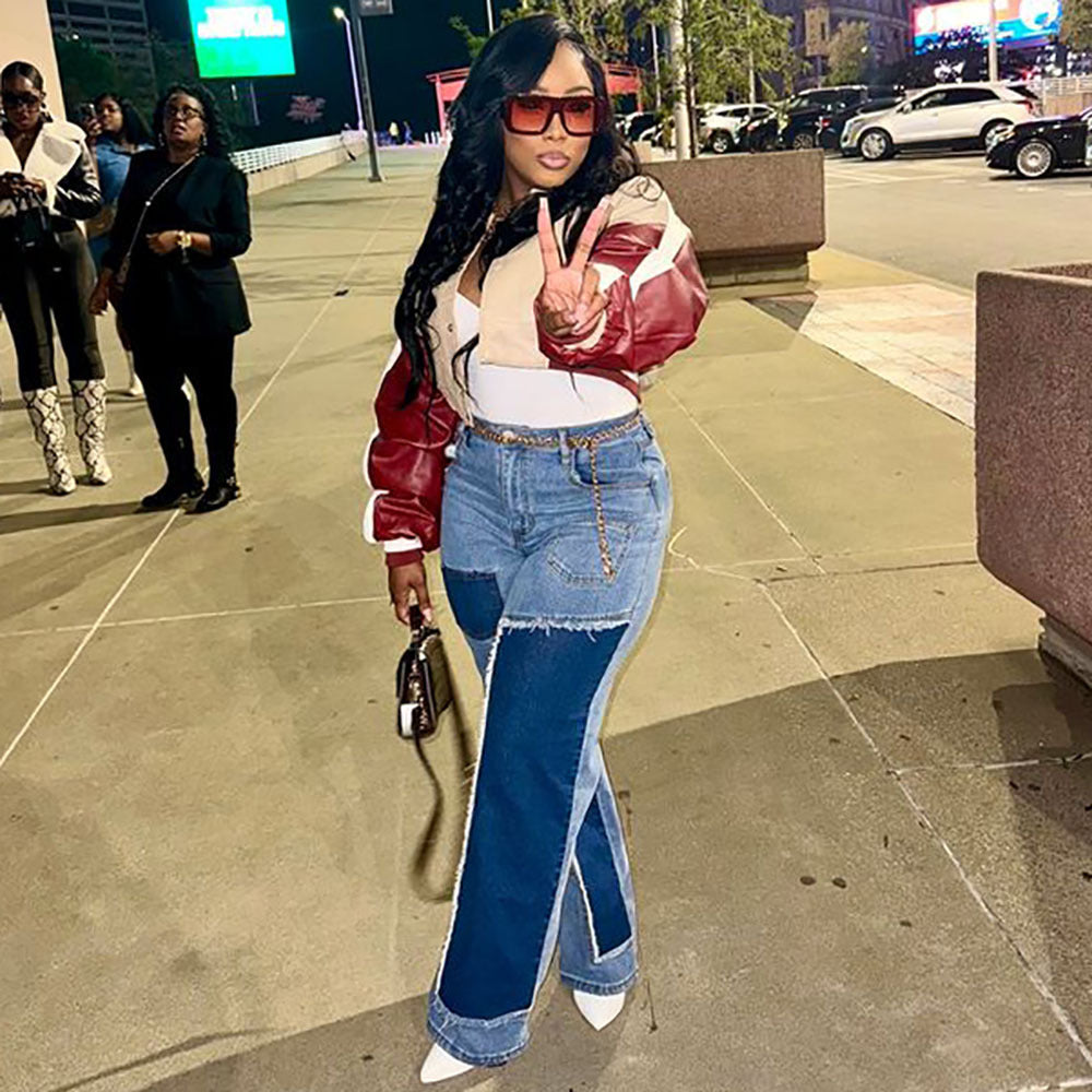 Casual Women's Jeans Street Fashion Color-Block Patchwork Trendy Straight Leg Pants