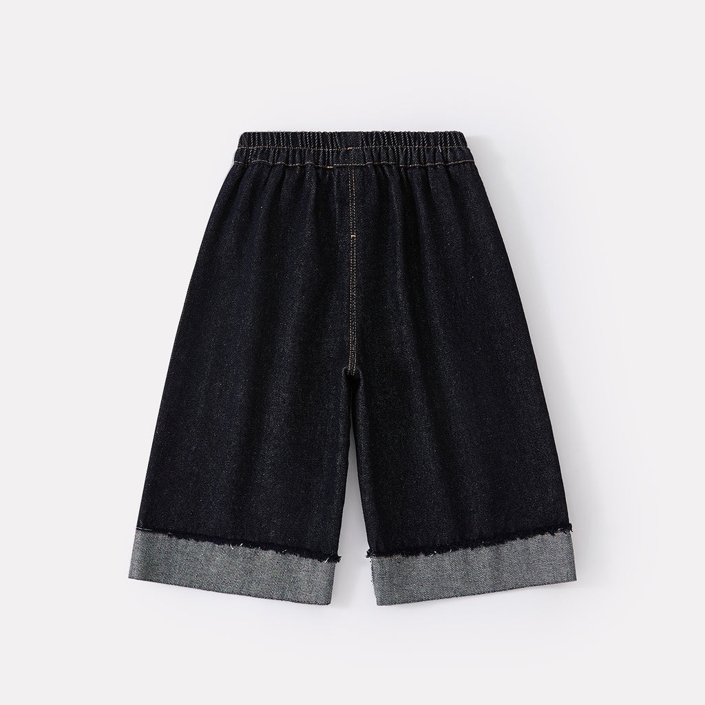 Simple Casual Cuffed Pants, Wide-leg Jeans for Toddlers with Letter Detail at Hem