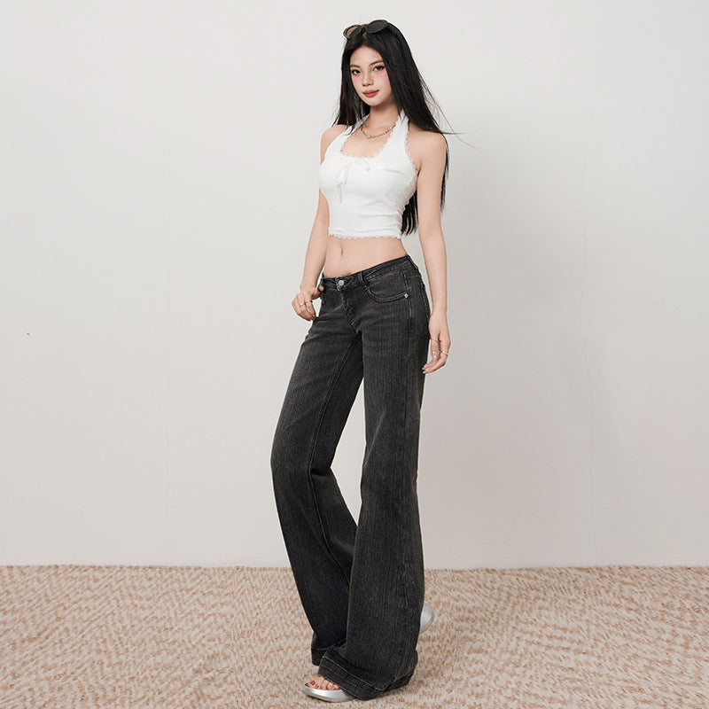 Women's Black and Gray Flared Jeans  Slimming Retro Low Waist  Pants
