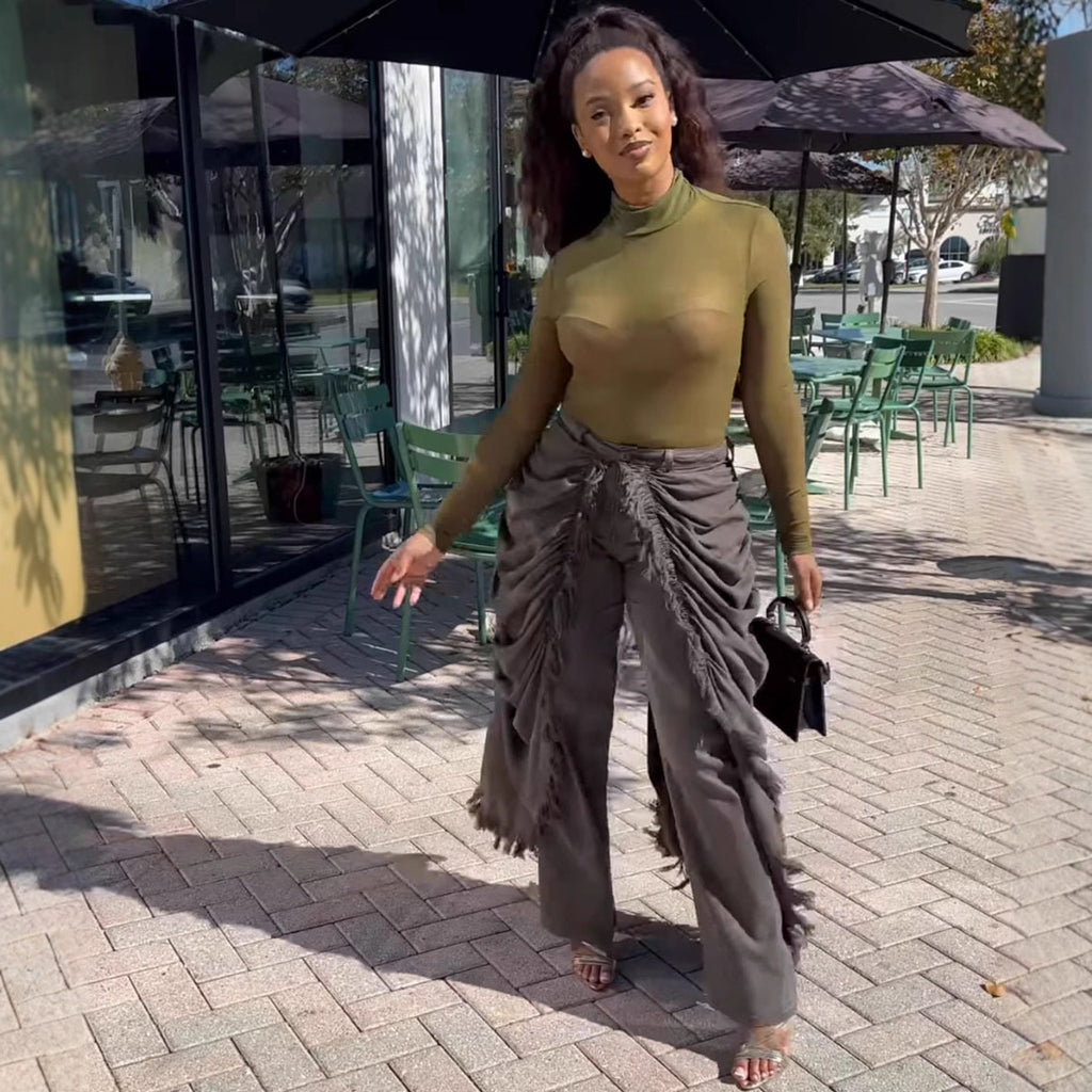 High-Waist Jeans for Women, Fashionable and Unique Pleated Brushed Edge Straight Leg Pants