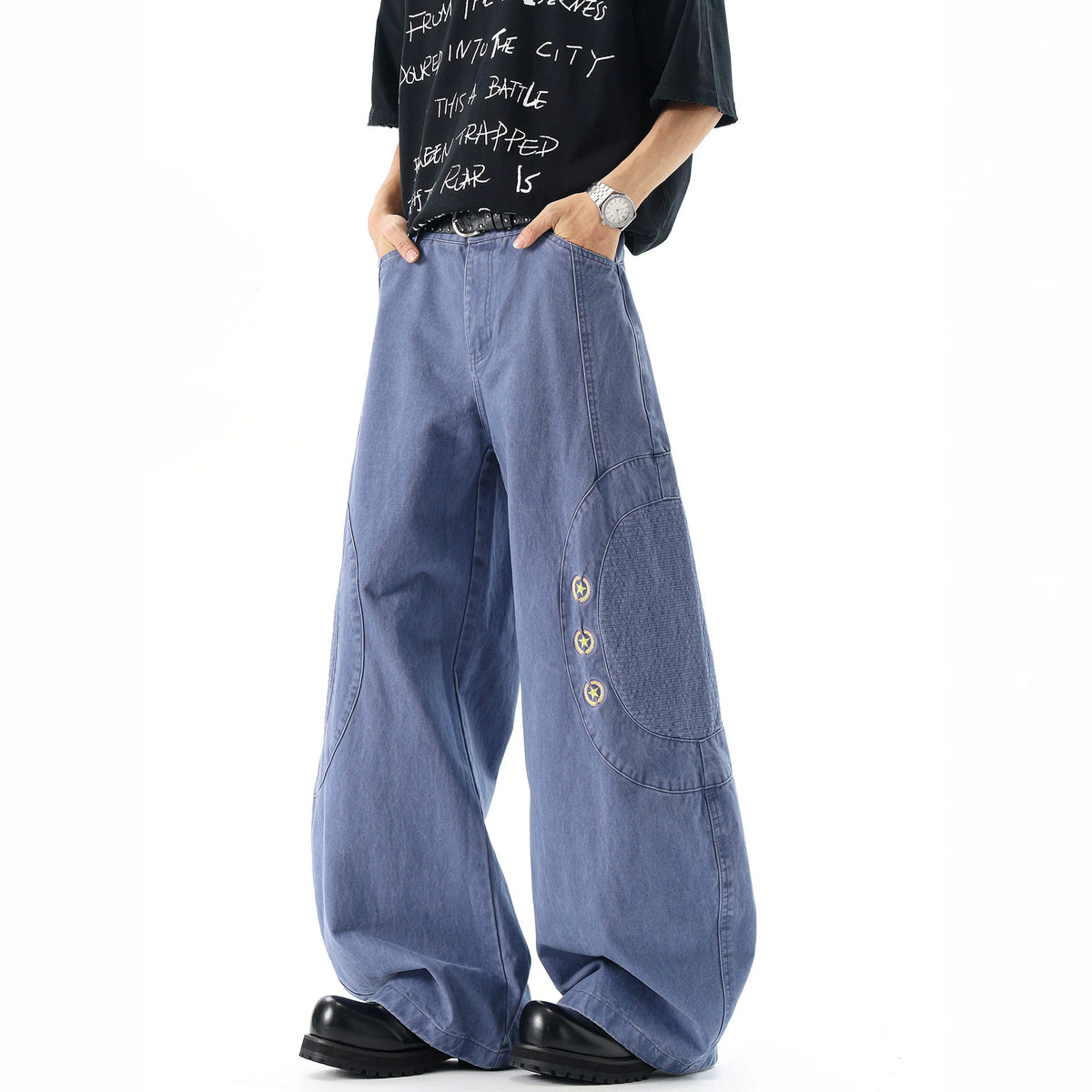 High Waist Men's Arc Fashion Patchwork Star Design Jeans Summer Loose Drape Versatile Wide Leg Pants