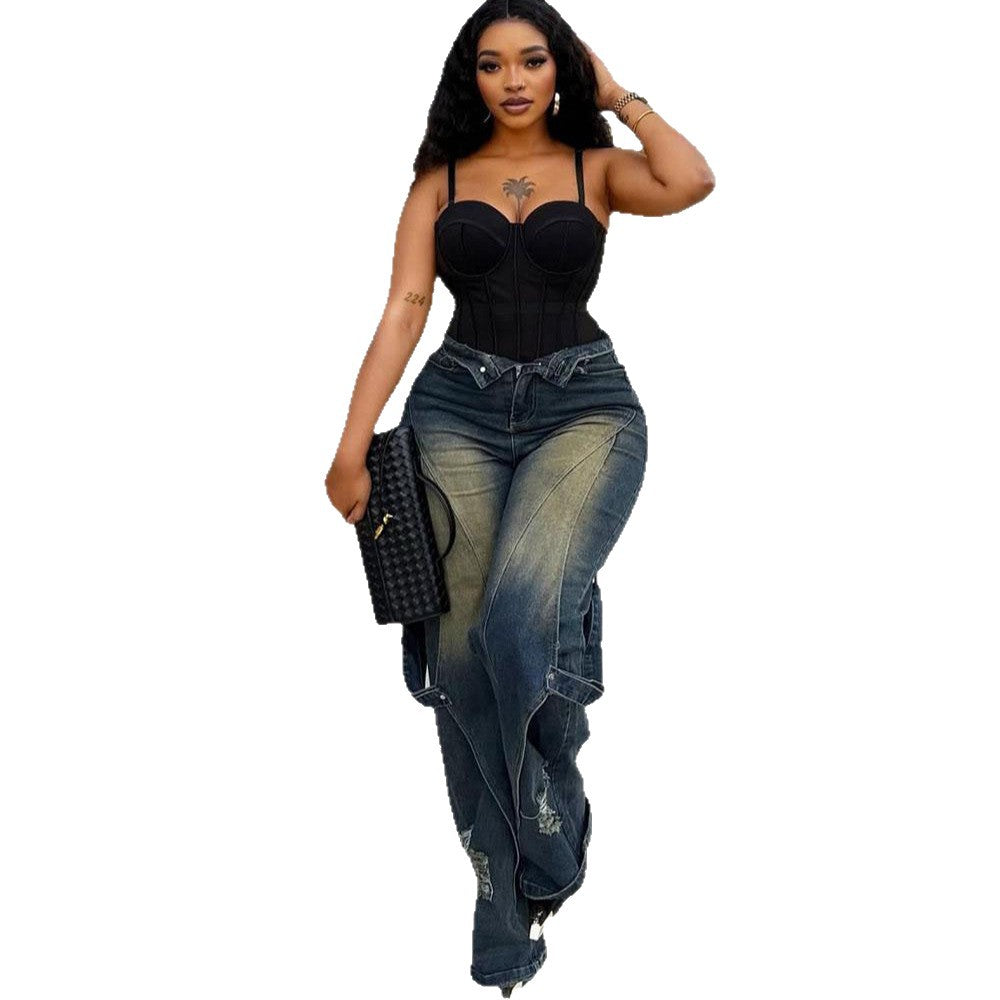 Women's Wide Leg Jeans Fashion Washed Tie-Dye Distressed Straight Leg Cargo Pants